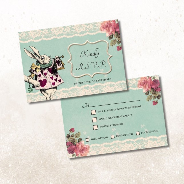 Teal Lace Alice in Wonderland Wedding RSVP Card (Creator Uploaded)