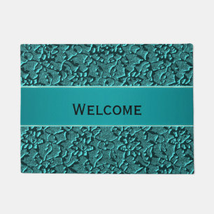 Teal Lace Brocade Look Welcome Mat