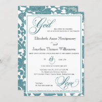 Teal Lace God is Love Christian Wedding Invitation
