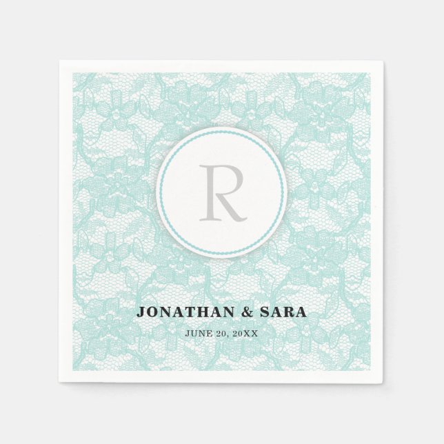 Teal Lace Monogram Wedding Napkin (Front)