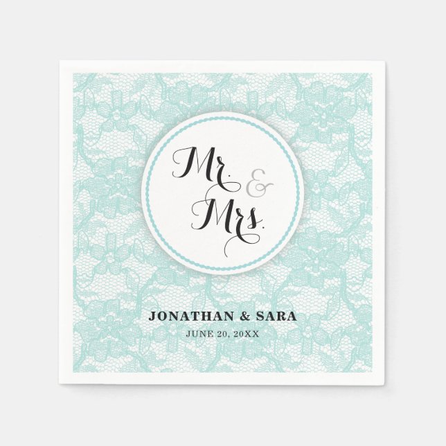 Teal Lace Mr. & Mrs. Personalized Wedding Napkin (Front)