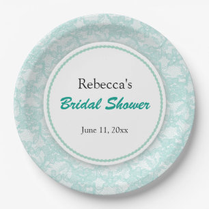 Teal Lace Personalized Bridal Shower Paper Plate