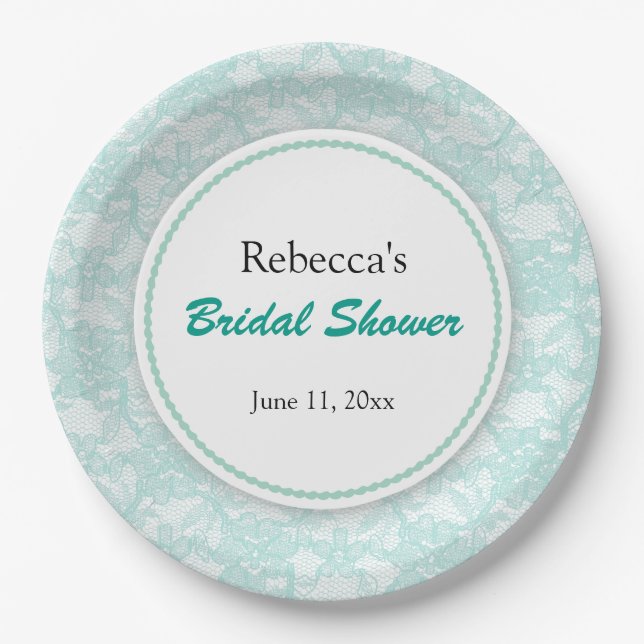 Teal Lace Personalized Bridal Shower Paper Plate (Front)