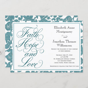 Teal Lace Script Faith Hope & Love Wedding Invitation