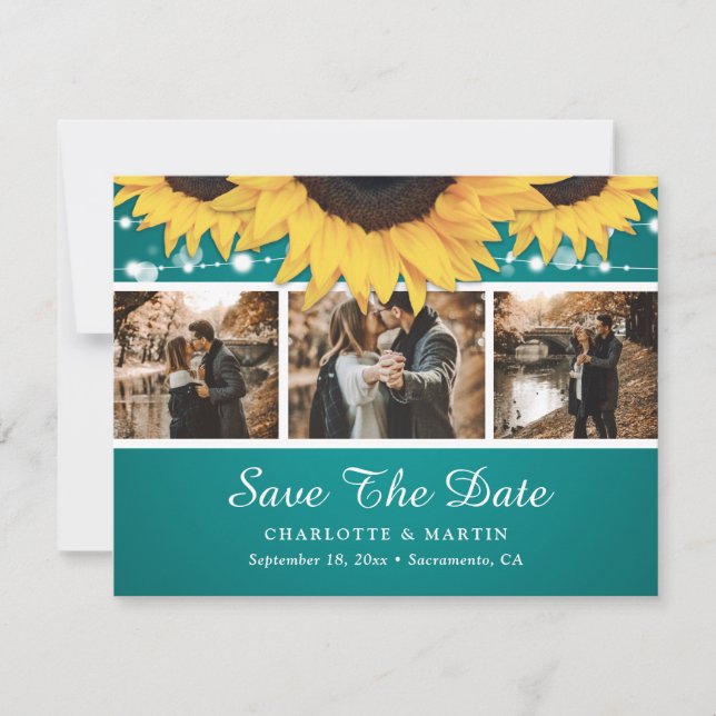 Teal Lace Sunflower Photo Save The Date Cards (Front)