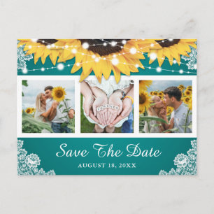 Teal Lace Sunflower Wedding Photo Save The Date Announcement Postcard