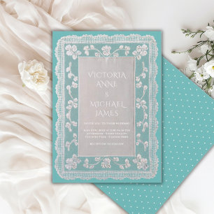 Teal Lace Whimsical Vintage Wedding  Invitation