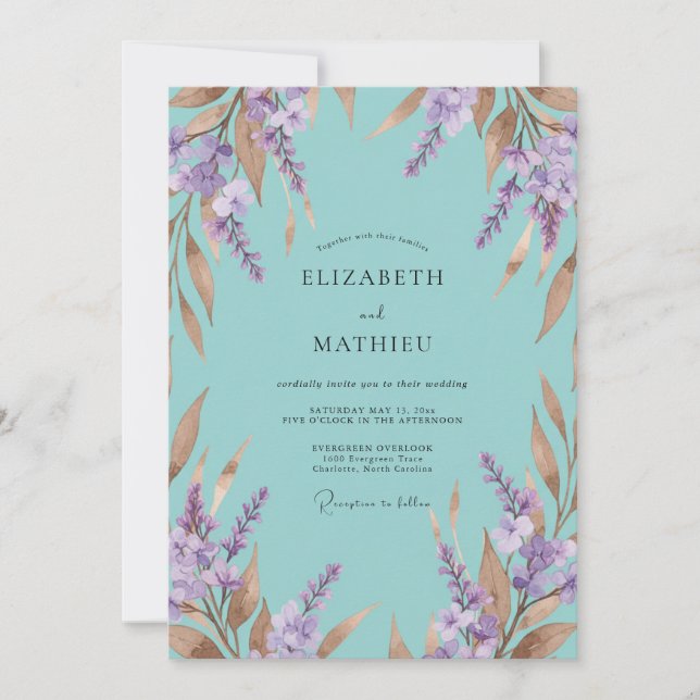 Teal Lavender Botanical Flourish Wedding Invitation (Front)