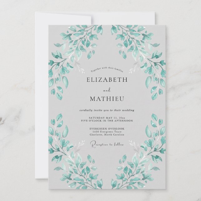 Teal Leaf Flourish Wedding Invitation (Front)