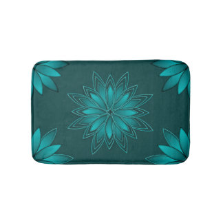 Teal Leaf Mandala Design on Dark Cyan Bath Mat