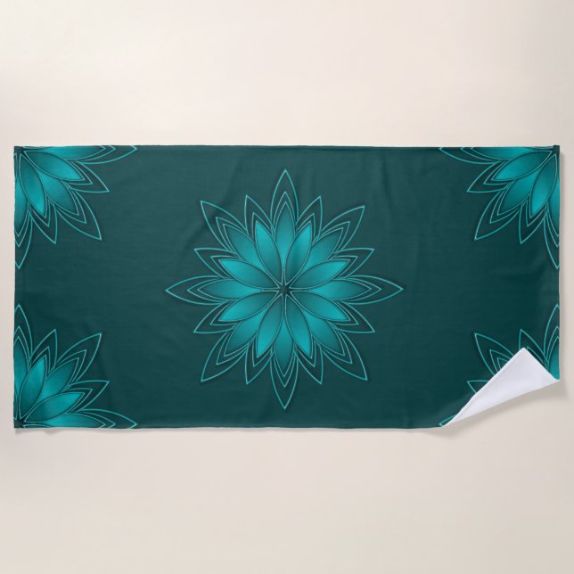 Teal Leaf Mandala Design on Dark Cyan Beach Towel (Front)