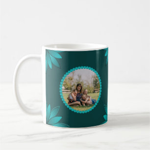 Teal Leaf Mandala Design on Dark Cyan Coffee Mug