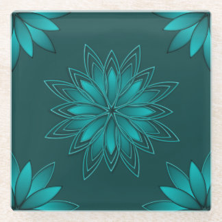 Teal Leaf Mandala Design on Dark Cyan Glass Coaster