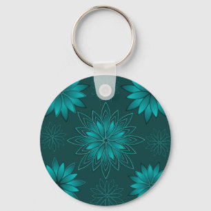 Teal Leaf Mandala Design on Dark Cyan Keychain