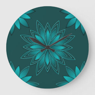 Teal Leaf Mandala Design on Dark Cyan Large Clock