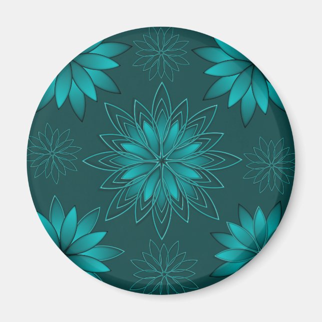 Teal Leaf Mandala Design on Dark Cyan Magnet (Front)