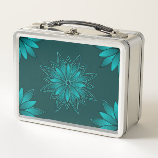 Teal Leaf Mandala Design on Dark Cyan Metal Lunch Box