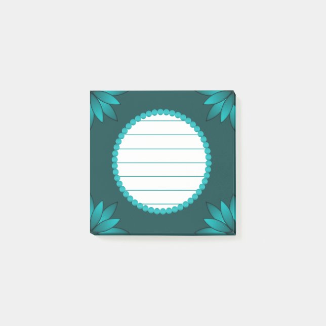 Teal Leaf Mandala Design on Dark Cyan Post-it Notes (Front)