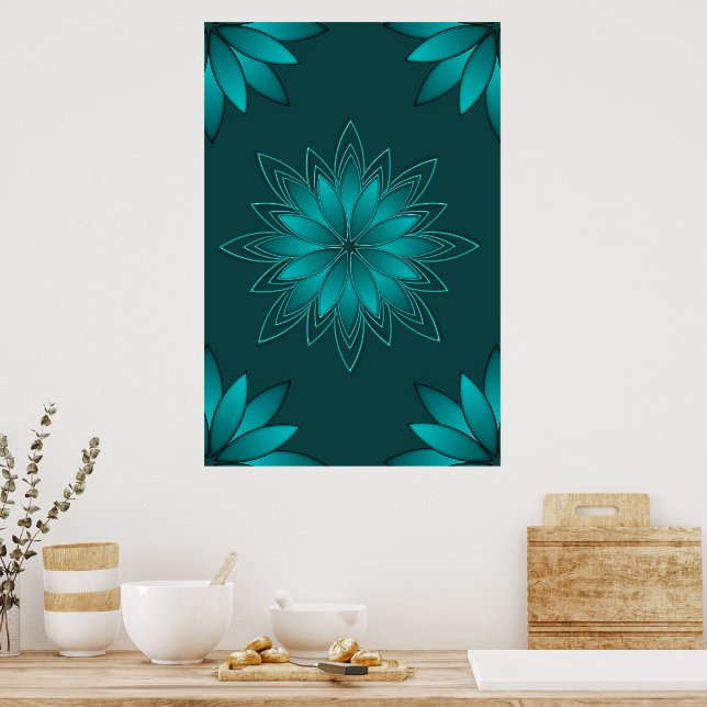 Teal Leaf Mandala Design on Dark Cyan Poster (Kitchen)
