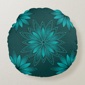 Teal Leaf Mandala Design on Dark Cyan Round Pillow
