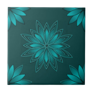 Teal Leaf Mandala Design on Dark Cyan Tile