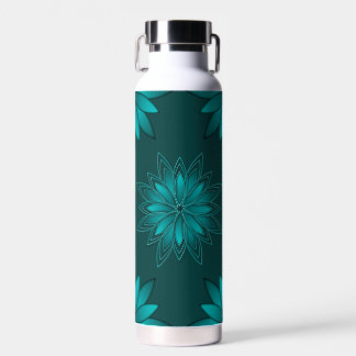 Teal Leaf Mandala Design on Dark Cyan Water Bottle