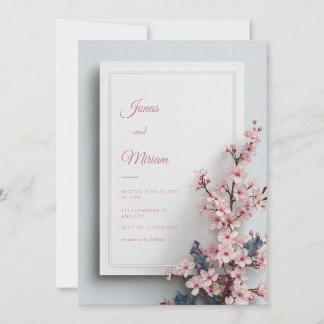 Teal Leaf Pink Sakura Textured Frame Wedding Invitation (Front)