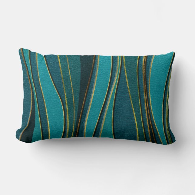 Teal Leather and Gold Sea  Wave Pattern Lumbar Pillow (Front)