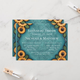 Teal Leather Tooled & Sunflowers Rehearsal Dinner Invitation
