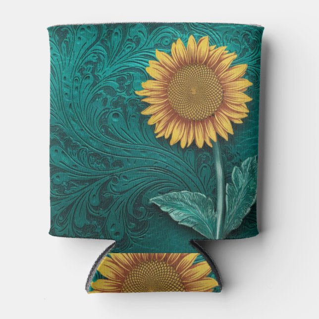 Teal Leather Tooled Yellow Sunflower Can Cooler (Front)