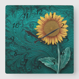Teal Leather Tooled Yellow Sunflower Square Wall Clock