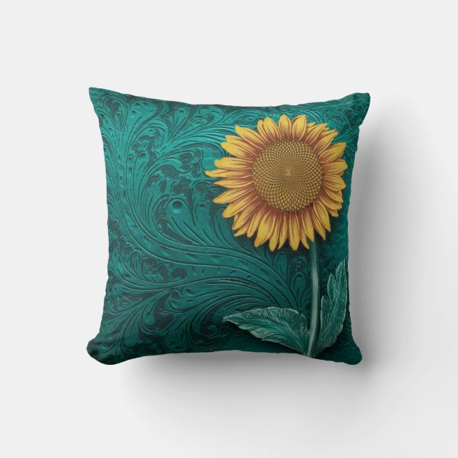 Teal Leather Tooled Yellow Sunflower Throw Pillow (Front)