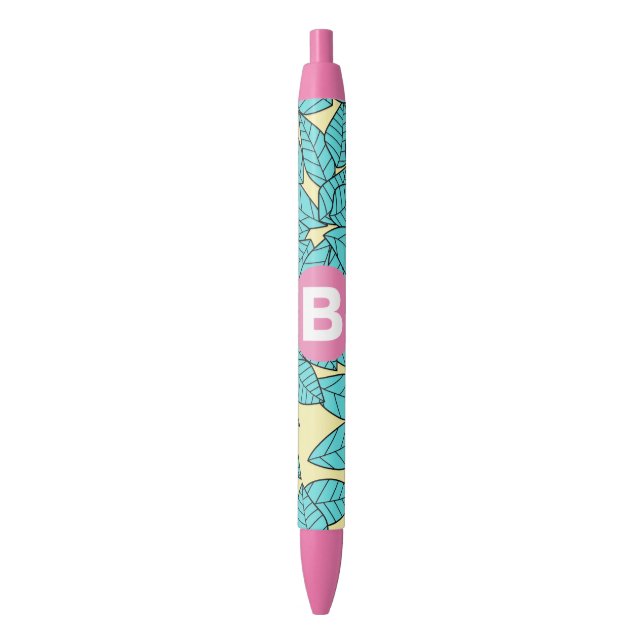 Teal Leaves Botanical Pattern Bright Pink Monogram Black Ink Pen (Front Vertical)