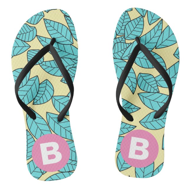 Teal Leaves Botanical Pattern Bright Pink Monogram Flip Flops (Footbed)