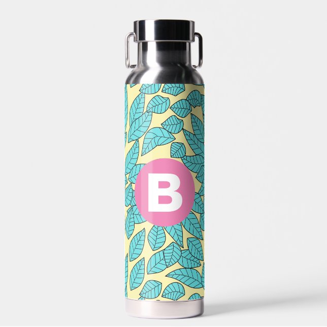 Teal Leaves Botanical Pattern Bright Pink Monogram Water Bottle (Front)