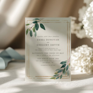 Teal Leaves Gold Frame Botanical Greenery Wedding Invitation
