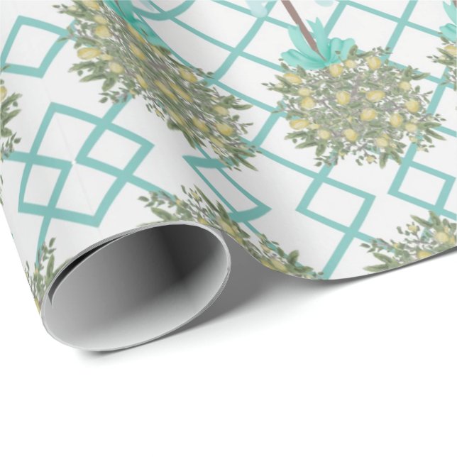 Teal Lemon Topiary Robin's Egg Blue  Wrapping Paper (Roll Corner)