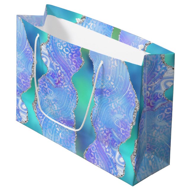 Teal Leopard Agate | Glam Abstract Stone Pattern Large Gift Bag (Front Angled)
