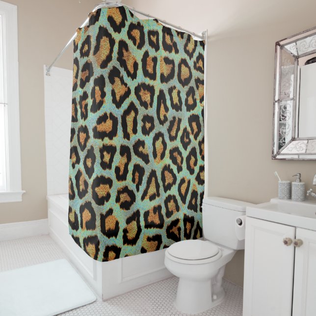 Teal leopard chic animal print shower curtain (In Situ)