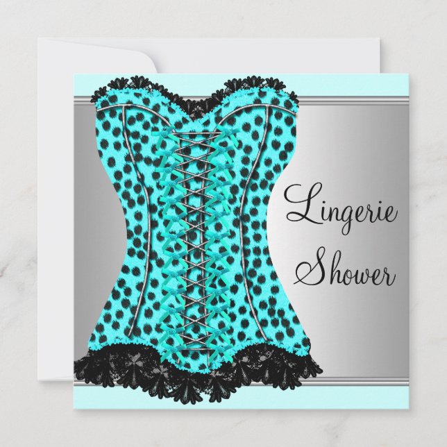 Teal Leopard Corset Lingerie Bridal Shower Invitation (Front)