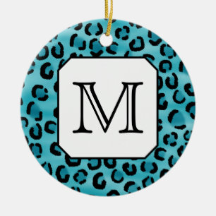 Teal Leopard Print, Custom Monogram. Ceramic Ornament