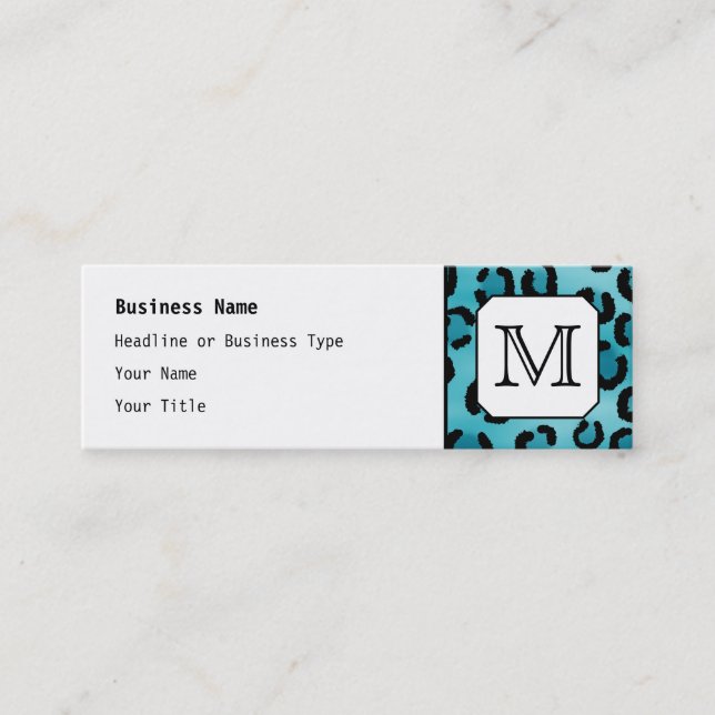 Teal Leopard Print, Custom Monogram. Mini Business Card (Front)