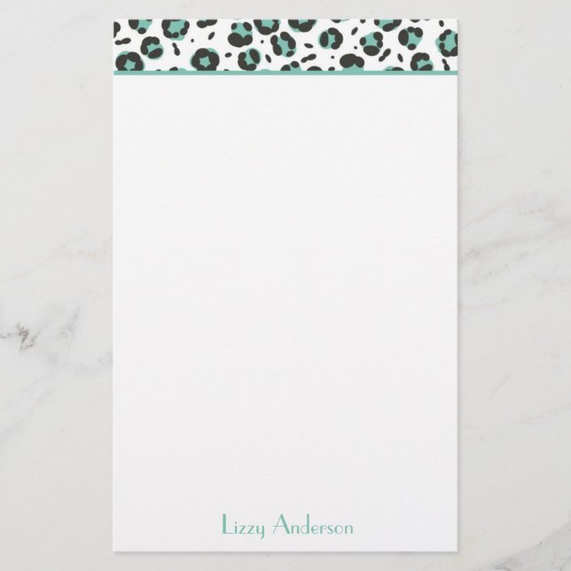 Teal Leopard Print Personalized Stationery (Front)