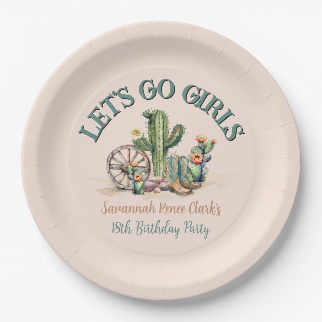 Teal Lets Go Girls Blush Pink Theme Birthday Party Paper Plate (Front)