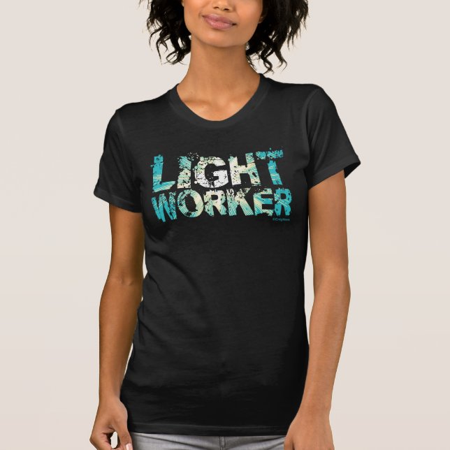 Teal Light Worker Bold Font Sunburst Rays Black T-Shirt (Front)