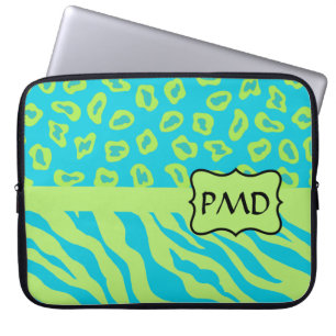 Teal, Lime Greem Zebra & Cheetah Personalized Laptop Sleeve