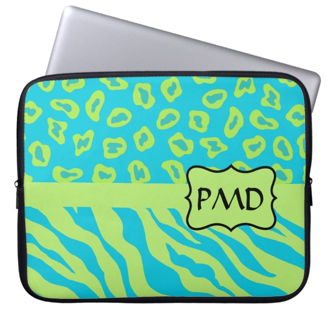 Teal, Lime Greem Zebra & Cheetah Personalized Laptop Sleeve (Front)