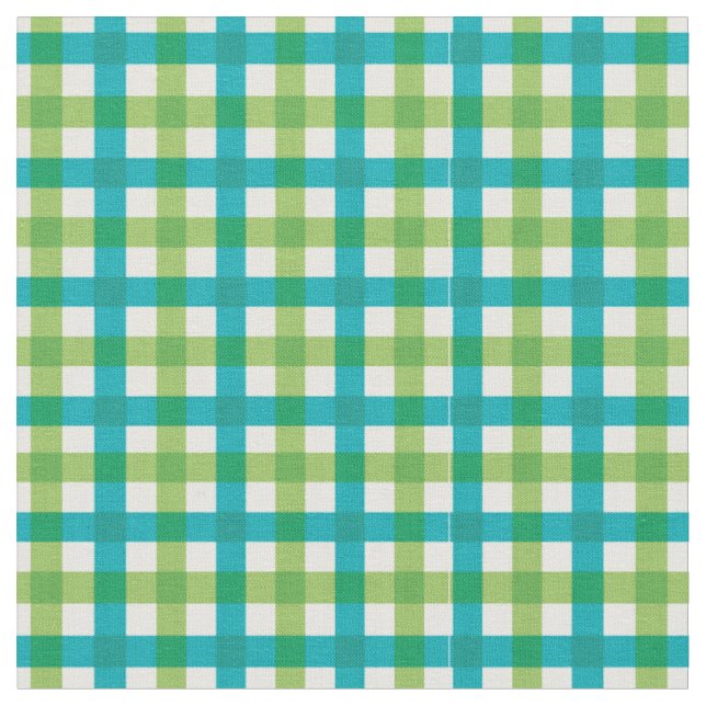 Teal & Lime Green Bright Gingham Plaid/ Tartan Fabric (Close Up)