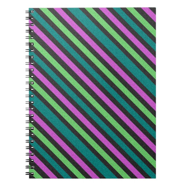 Teal, Lime Green, Hot Pink Glitter Striped STaylor Notebook (Front)