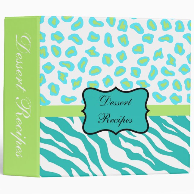 Teal Lime Green & White Zebra & Cheetah Skin Binder (Front/Spine)